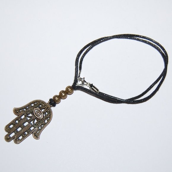 Hamsa Hand Necklace,Bronze Hamsa Hand,Black Cord Necklace,Choker Necklace,Man - Picture 3 of 3